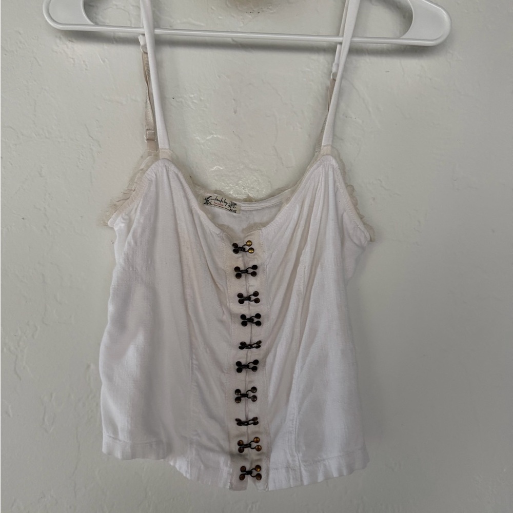 Free People White Camisole with Lace and Button Detail